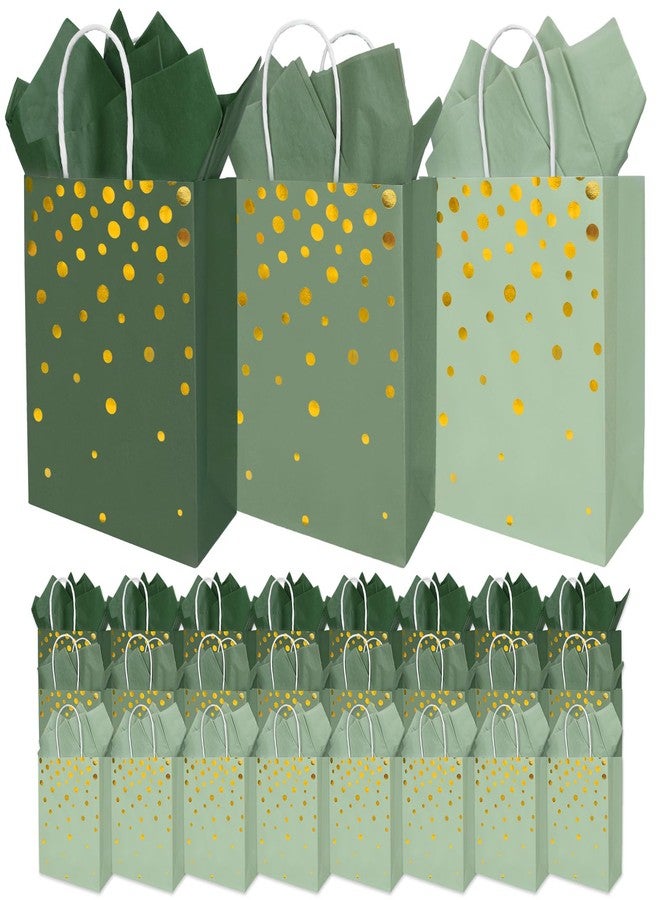 FYSUIMU 36 Pcs Sage Green Paper Gift Bags with Tissue Paper Foil Gold Polka Dots Party Favor Bags with Handle Gradient Goodie Candy Treat Bag for Mother's Day Wedding Baby Shower One Lucky Duck Patry - Image 1